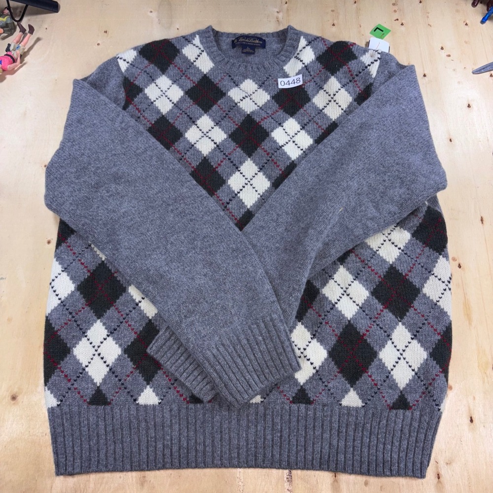 Brooks Brothers Mens L Scottish Lambswool Argyle Crewneck Sweater Gray Wool